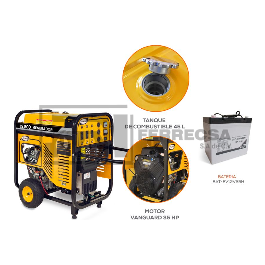 GENERADOR MONOFASICO 19500W 35HP G185MG3500BS EVANS*
