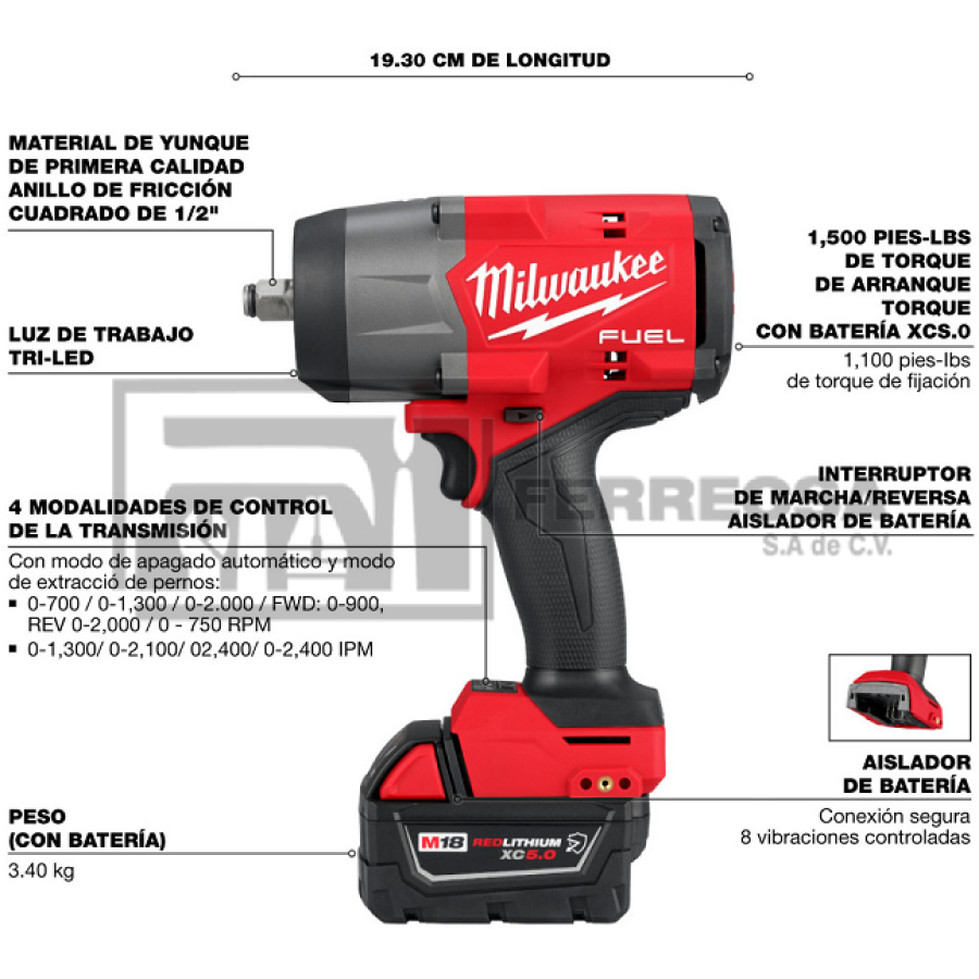 LLAVE IMPACTO 1/2" M18 5AMP 2967-22+48-22-8427 P3252967 MILWAUKEE