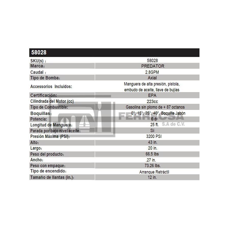 HIDROLAVADORA GASOLINA 6.8HP 3200PSI 58028 PREDATOR*