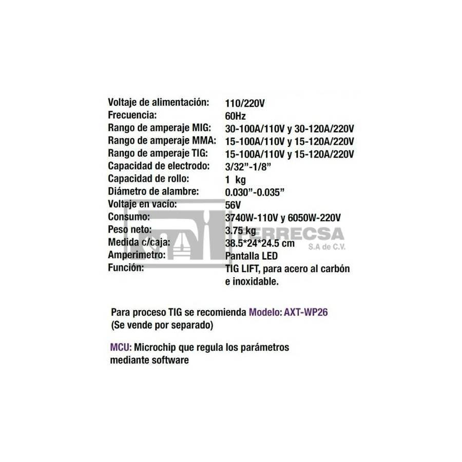 INVERSOR SOLDADOR MICROALAMBRE Y ELECTRODO AXT-EM102PE/ AXT-EM120LED-C1*